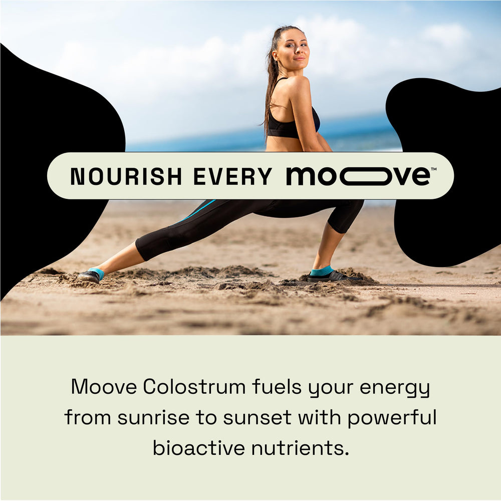 MOOVE immune support powder contains immunoglobulins and lactoferrin for daily wellness.