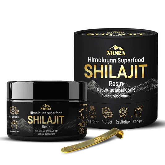 MORA IMPEX Himalayan Shilajit Resin bottle closeup showing mineral-rich resin for daily wellness