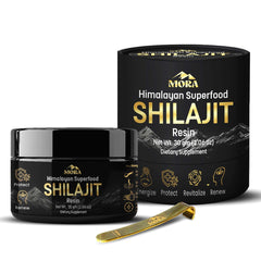 MORA IMPEX Himalayan Shilajit Resin bottle closeup showing mineral-rich resin for daily wellness