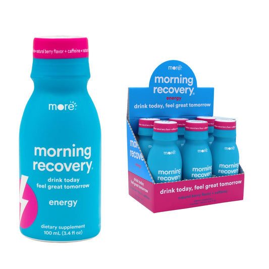 More Labs Morning Recovery bottle closeup for convenient post-party hydration