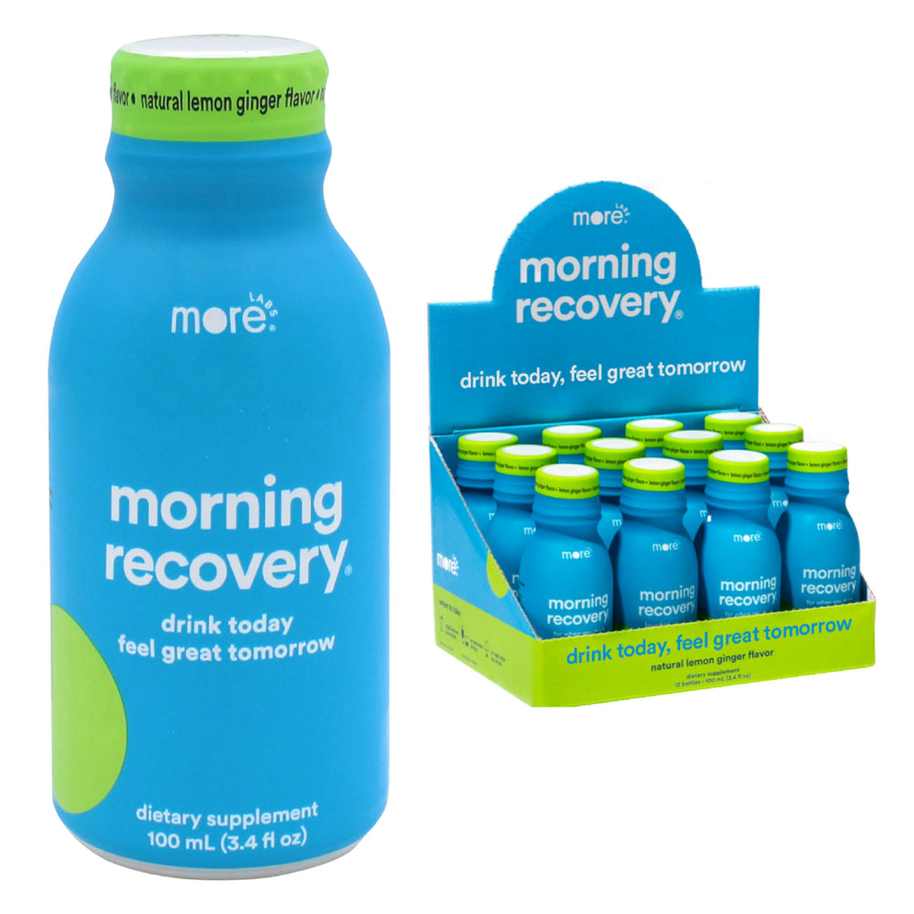 More Labs Morning Recovery lemon ginger bottle pour for on-the-go hydration.