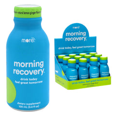 More Labs Morning Recovery lemon ginger bottle pour for on-the-go hydration.