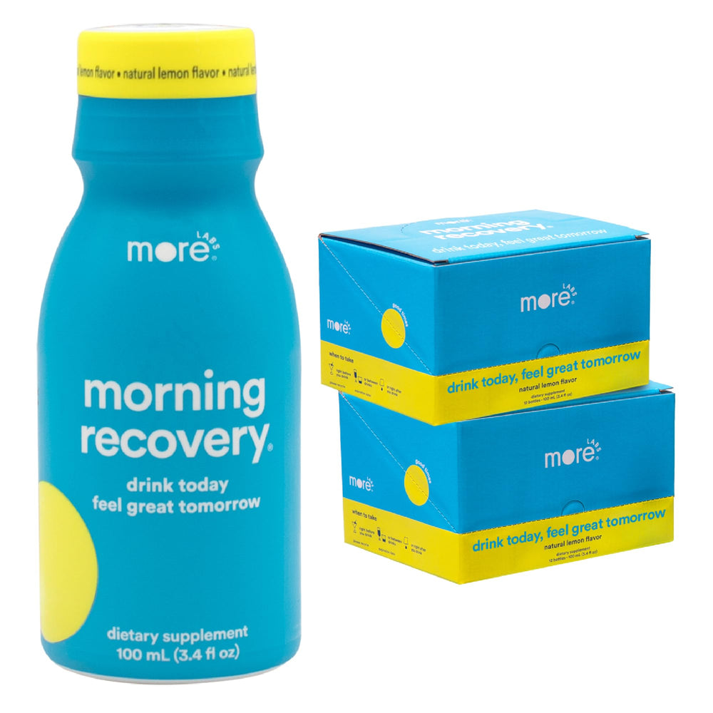 More Labs Morning Recovery original lemon bottle with convenient single-serve format for on-the-go hydration