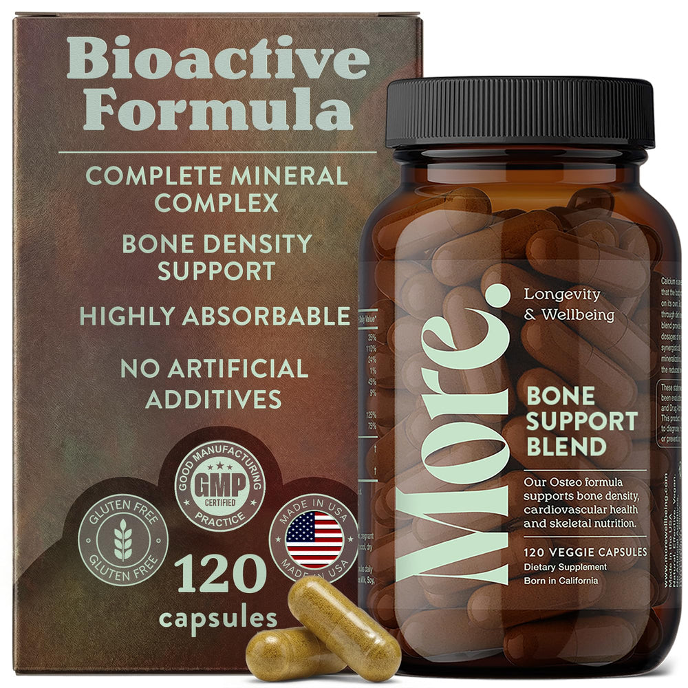 More Longevity Wellbeing bottle front for daily bone support.