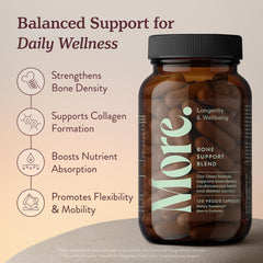 More Longevity Wellbeing bottle side label highlights clean gluten-free formula.