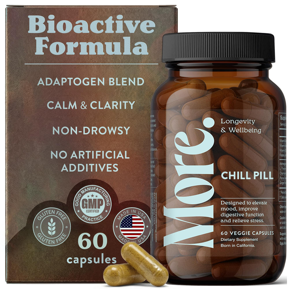 More Chill Pill bottle on a shelf suggesting calm mood support.