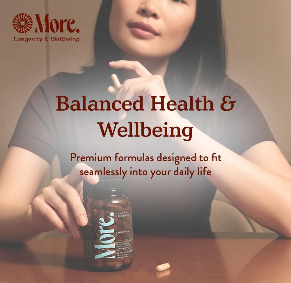 Lifestyle desk scene with More Chill Pill ready for daily wellness.