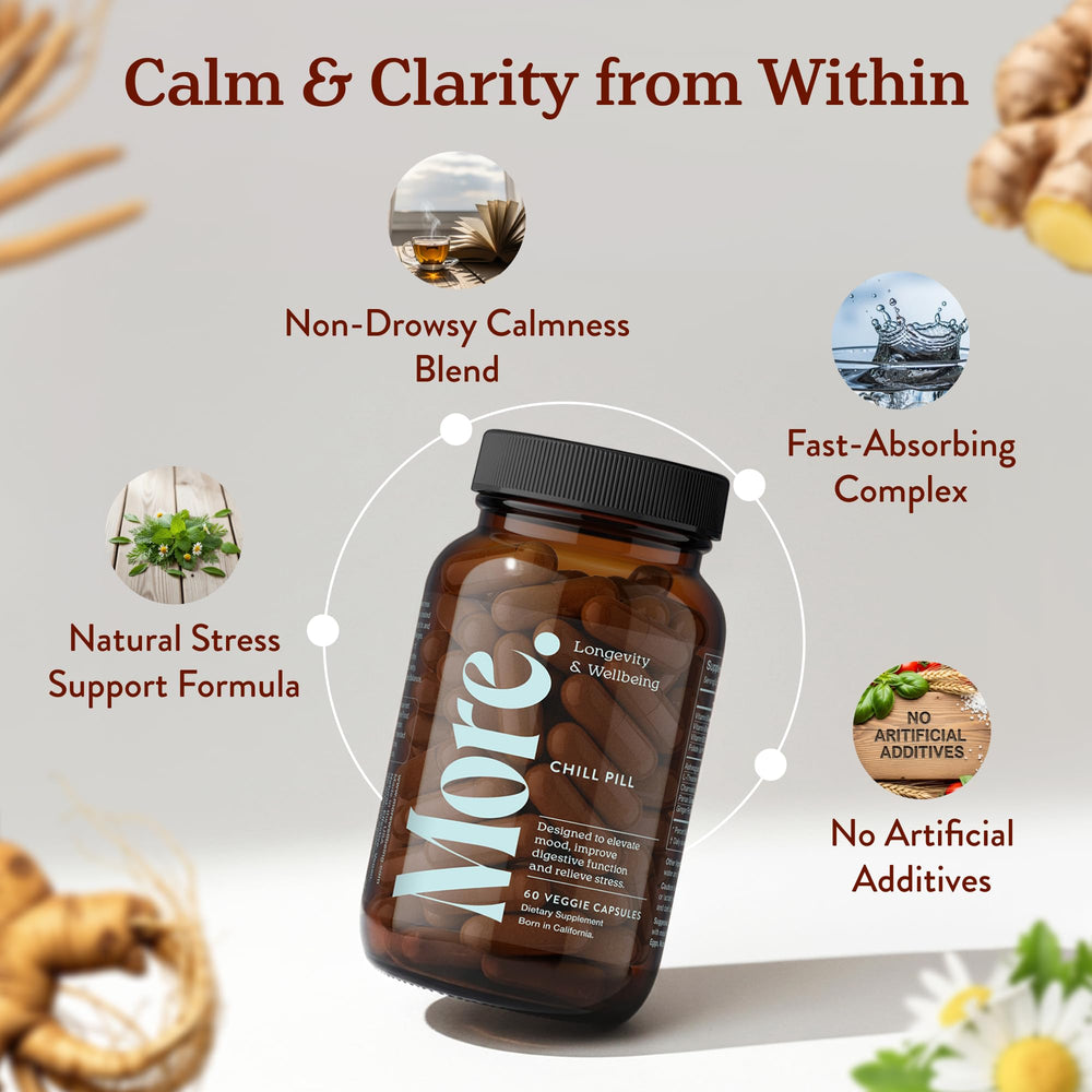 Pouring More Chill Pill capsules from the bottle for routine use.