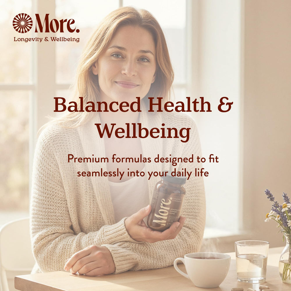 More. Longevity & Wellbeing shelf display emphasizes vegan, gluten-free formula