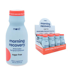 More Labs Morning Recovery bottle highlighting electrolyte blend for post-drinking hydration.