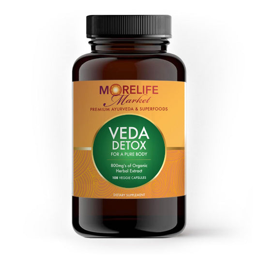 MoreLife Market Veda Detox bottle and capsules on a clean surface for daily cleansing support.