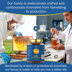 MORF Energy Support honey in a glass jar with a wooden spoon for easy use