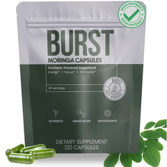 Moringa Burst bottle with capsules for convenient daily energy and immunity.