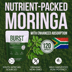 Moringa Burst label detailing ingredients and non-GMO quality.