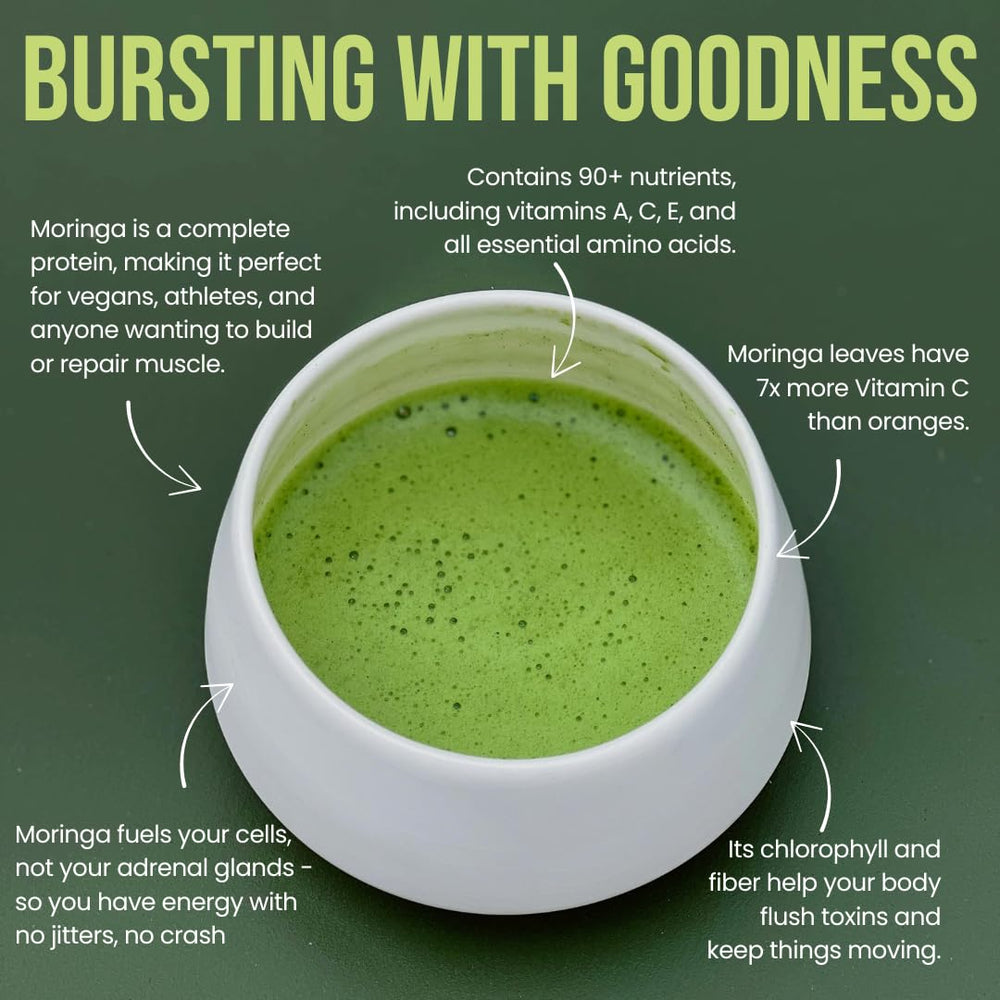 Moringa Burst kitchen uses: smoothies, teas, and baking with moringa powder.