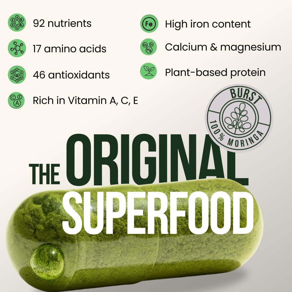 Moringa Burst eco-packaging showing sustainable, organic sources.