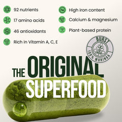 Moringa Burst eco-packaging showing sustainable, organic sources.