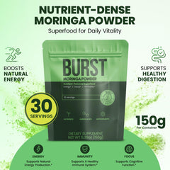 Moringa Burst sustainable farming badge signals eco-friendly sourcing.