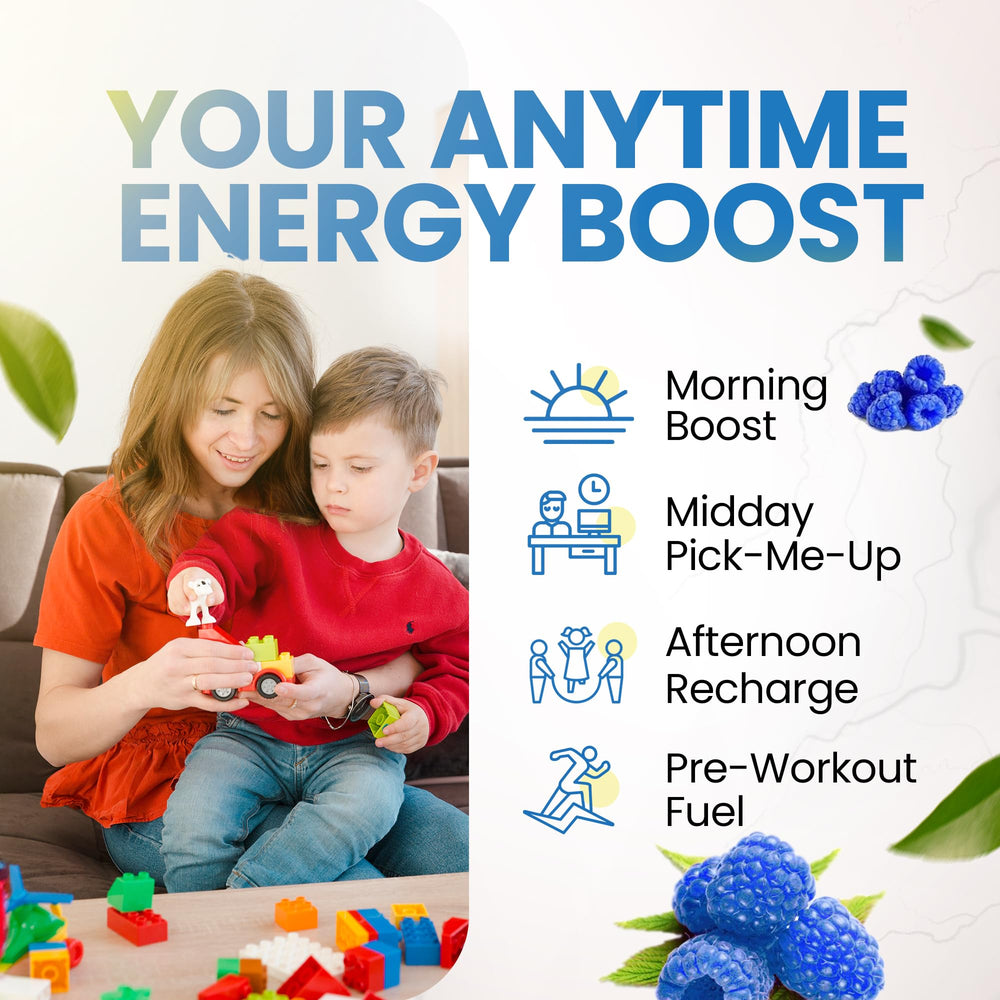 Morning Buzz blue raspberry powder label shows vegan, sugar-free energy for daily use.