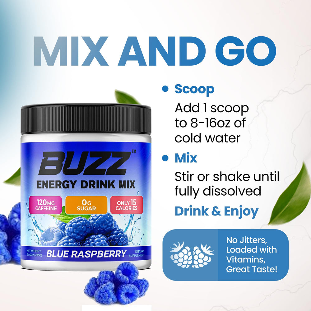 Morning Buzz packaging on shelf highlights antioxidants and vitamins.
