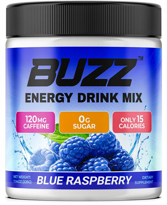 Morning Buzz energy drink powder blue raspberry tub for a clean morning boost.