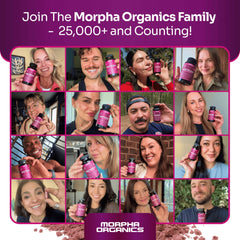 Close-up Morpha Organics beet root capsules showing smooth, easy-to-swallow pills.