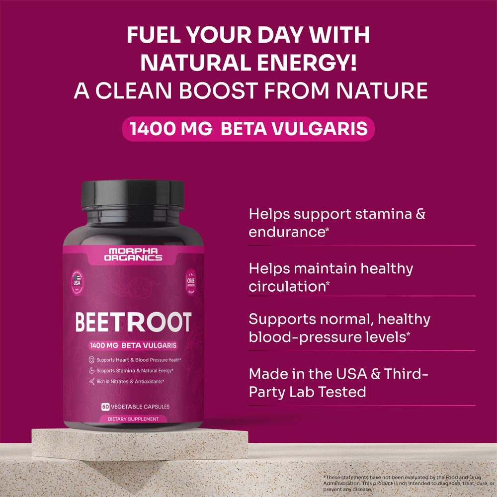 Packaging of Morpha Organics beet root capsules with 60-count bottle.