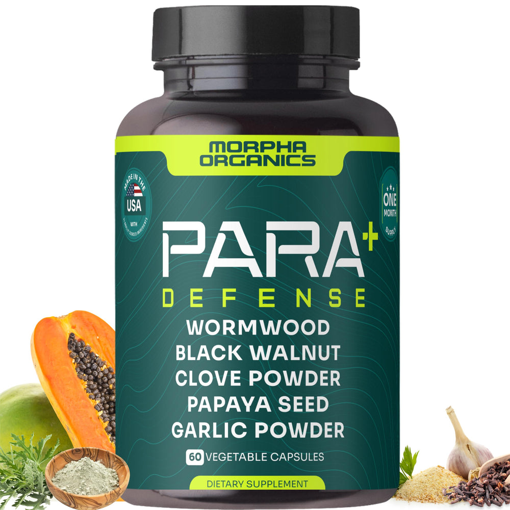 Morpha Organics Para Defense Digestive Cleanse bottle highlights natural gut-support ingredients.