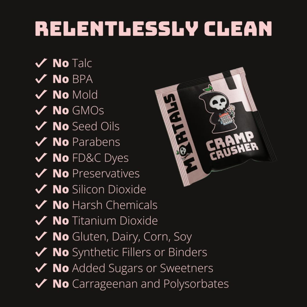 Mortals Cramp Crusher ingredients list highlights magnesium, chasteberry, and B vitamins.