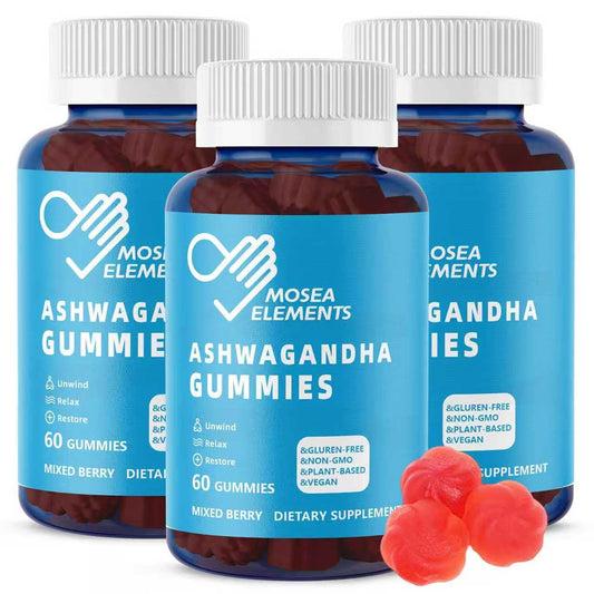 MOSEA ELEMENTS Ashwagandha Gummies 3-pack shown for daily calm and focus.