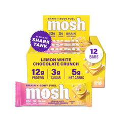 MOSH Lemon White Chocolate Keto Bar packaging, ideal for busy days.