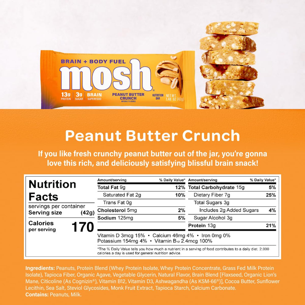 Front view of MOSH bars emphasizes protein and fiber benefits.