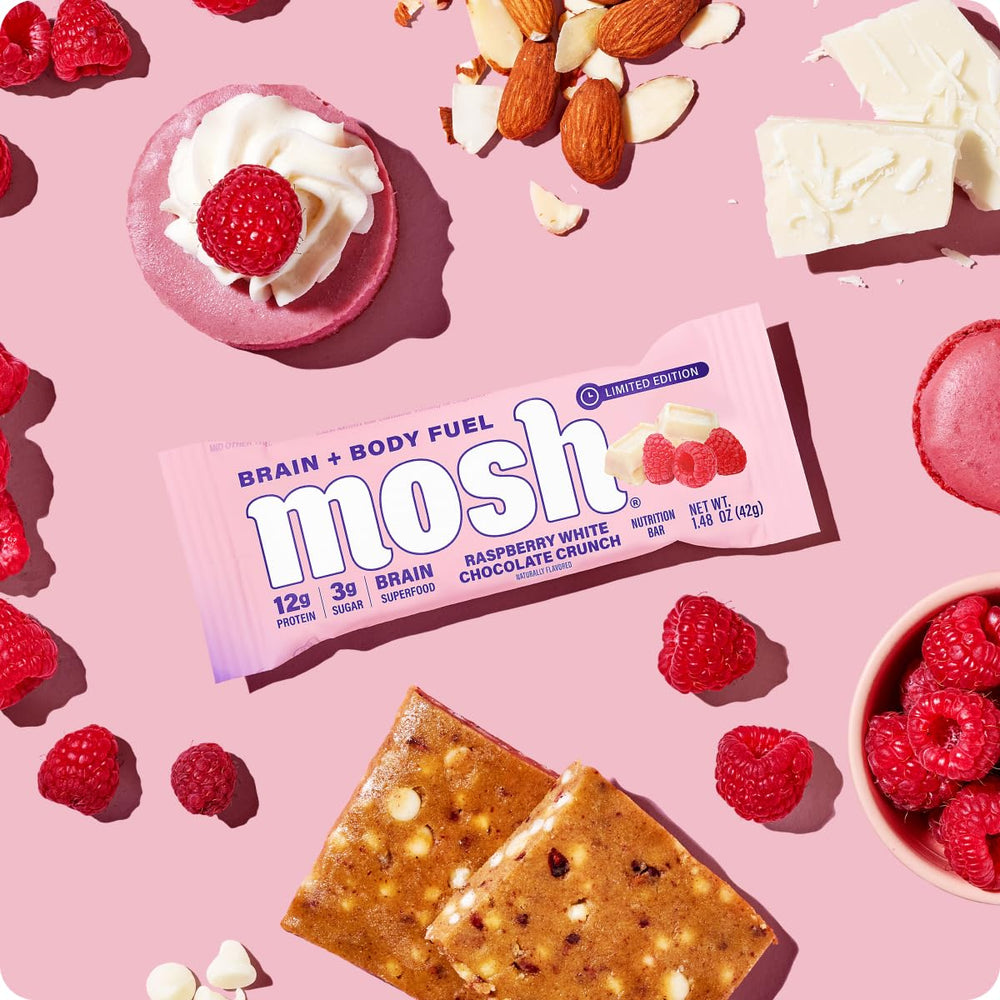 MOSH Keto-friendly bar image shows gluten-free, high-fiber profile for daily balance.