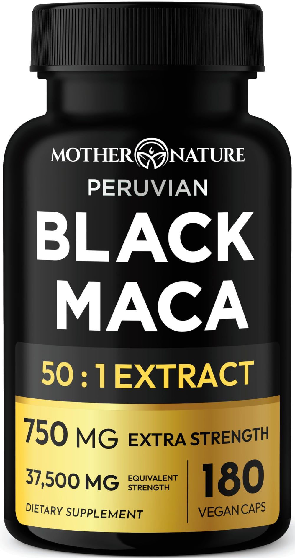 Mother Nature Black Maca 50:1 extract bottle label, highlighting potency and energy support.