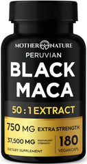 Mother Nature Black Maca 50:1 extract bottle label, highlighting potency and energy support.