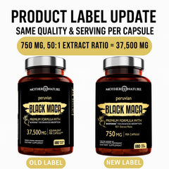 Close-up of Mother Nature Black Maca capsules, showing high potency formula.