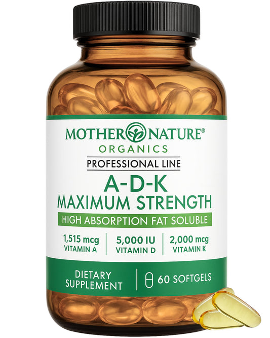 Mother Nature Organics ADK softgels bottle supports bone health and immune resilience
