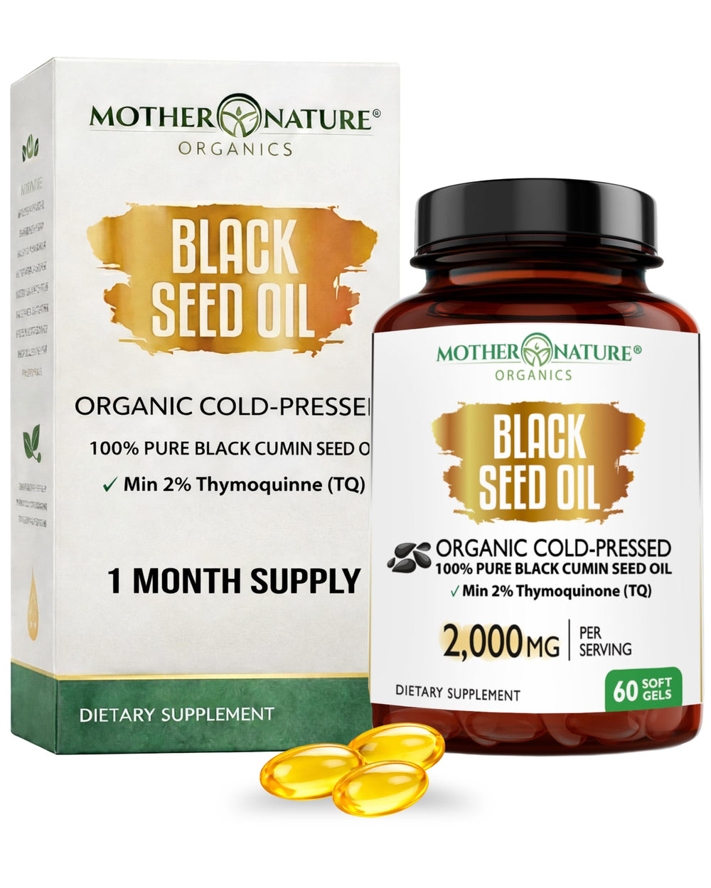 Mother Nature Organics black seed oil capsules bottle for daily wellness and vitality