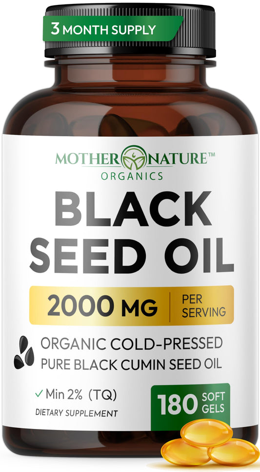 Mother Nature Organics black seed oil softgels bottle front, for daily wellness.