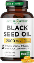 Mother Nature Organics black seed oil softgels bottle front, for daily wellness.