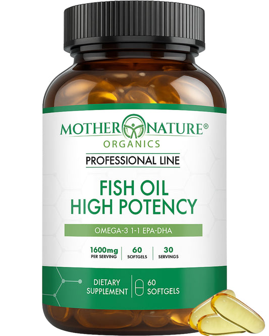 Mother Nature Organics Omega-3 bottle pour highlighting glass bottle and freshness preservation.