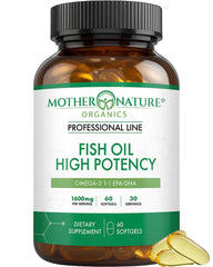 Mother Nature Organics Omega-3 bottle pour highlighting glass bottle and freshness preservation.