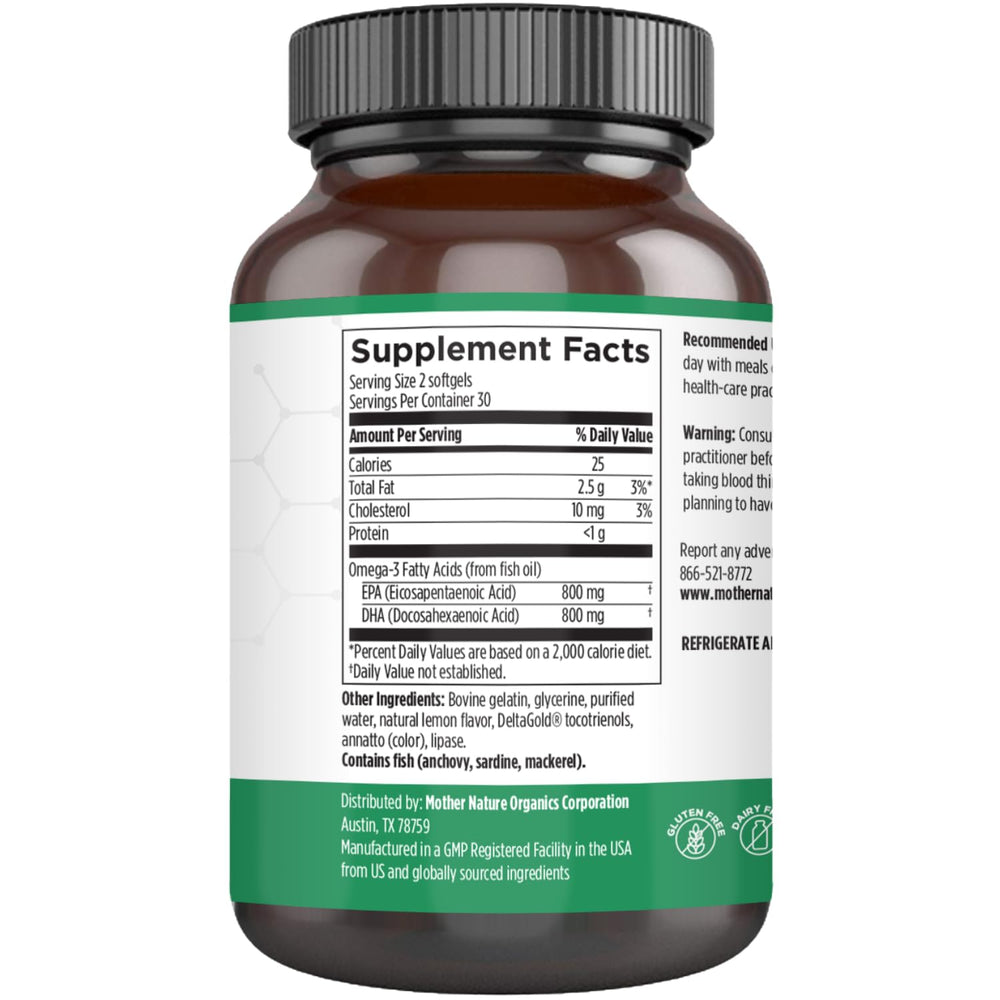 Mother Nature Organics Omega-3 softgels closeup highlighting high EPA and DHA for joints.