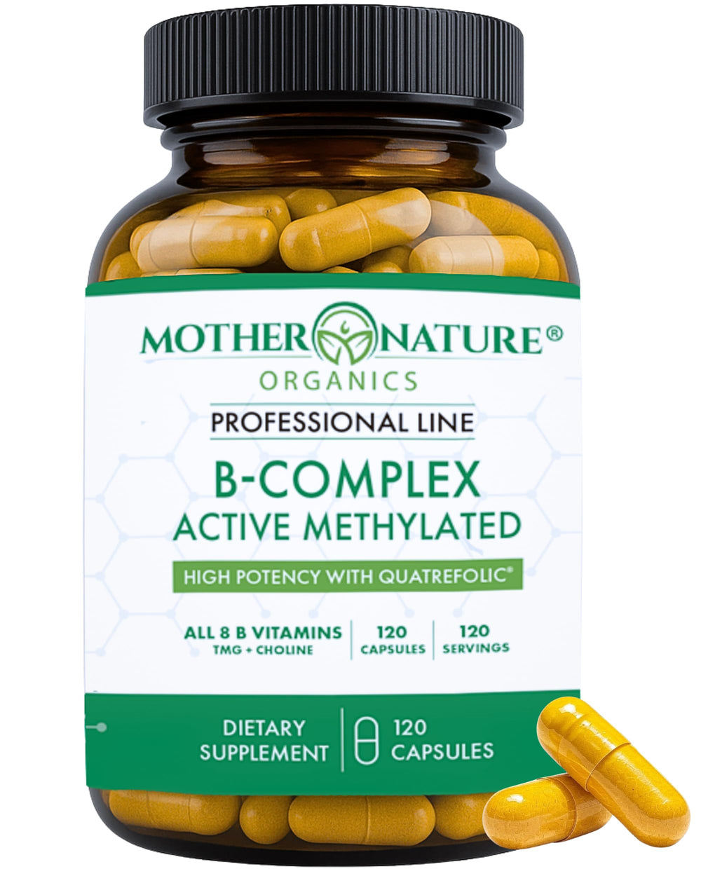 Mother Nature Organics Methylated B Complex bottle label showing bioactive vitamins for energy support