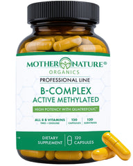 Mother Nature Organics Methylated B Complex bottle label showing bioactive vitamins for energy support