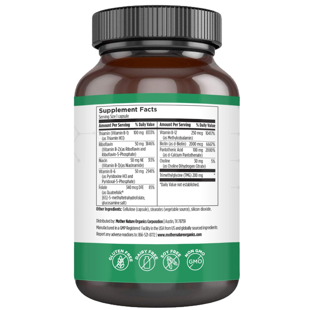 Mother Nature Organics Methylated B Complex capsules closeup highlighting high bioavailability vitamins