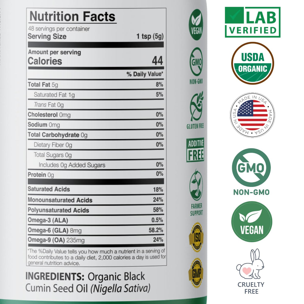 USDA Organic label on Mother Nature Organics Black Seed Oil bottle.
