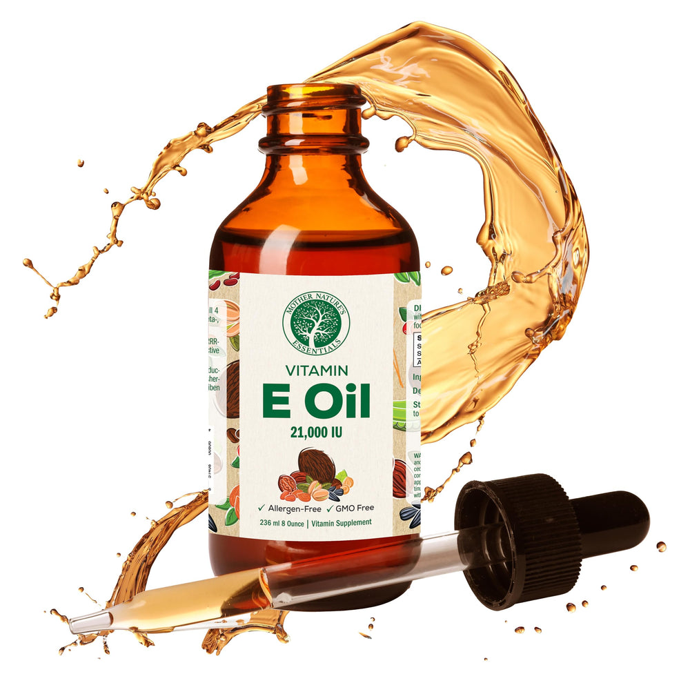 Mother Nature's Essentials Vitamin E Oil bottle for daily skin nourishment.