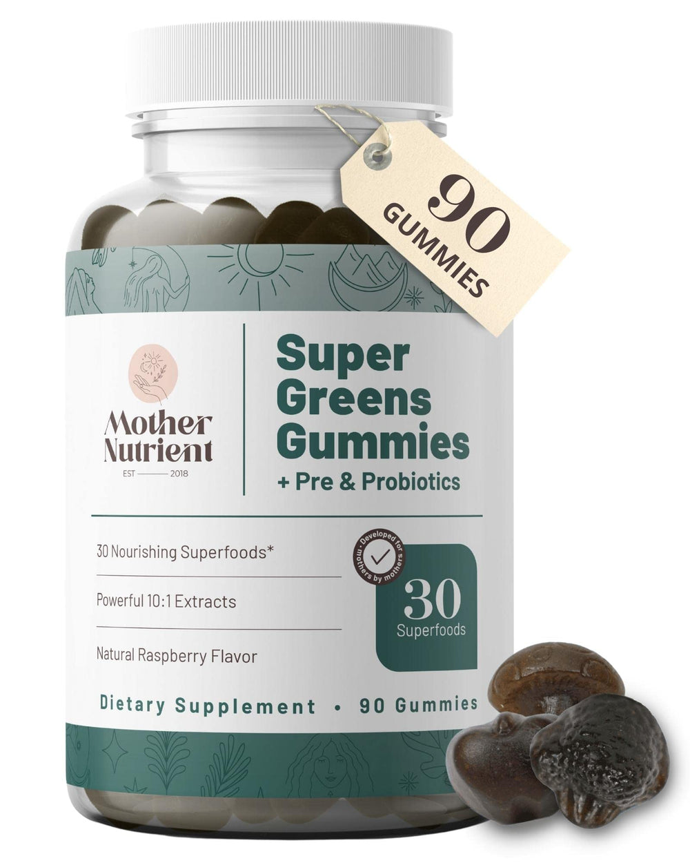 Mother Nutrient Super Greens Gummies bottle with raspberry flavor for daily wellness.