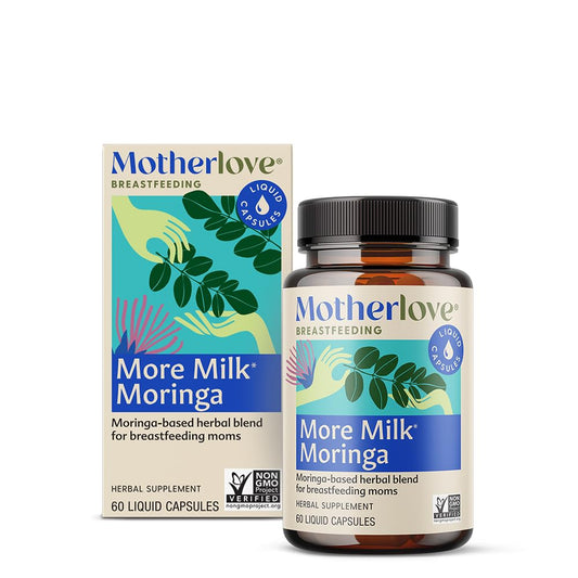 Motherlove More Milk Moringa bottle shown, highlighting organic herbs for lactation support.